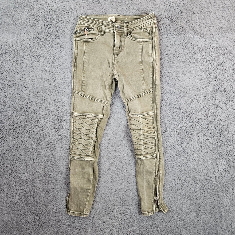 Free People Moto Skinny Jeans Olive Green Quilted Knee Ankle Zip Size 26 Womens